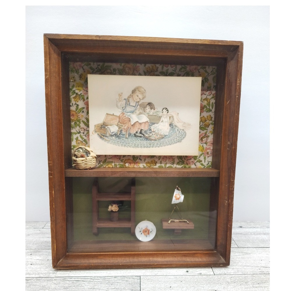 Vintage Shadow Box Wall Art Children's Tea Party Miniature Diorama 11x9 - Flaw
